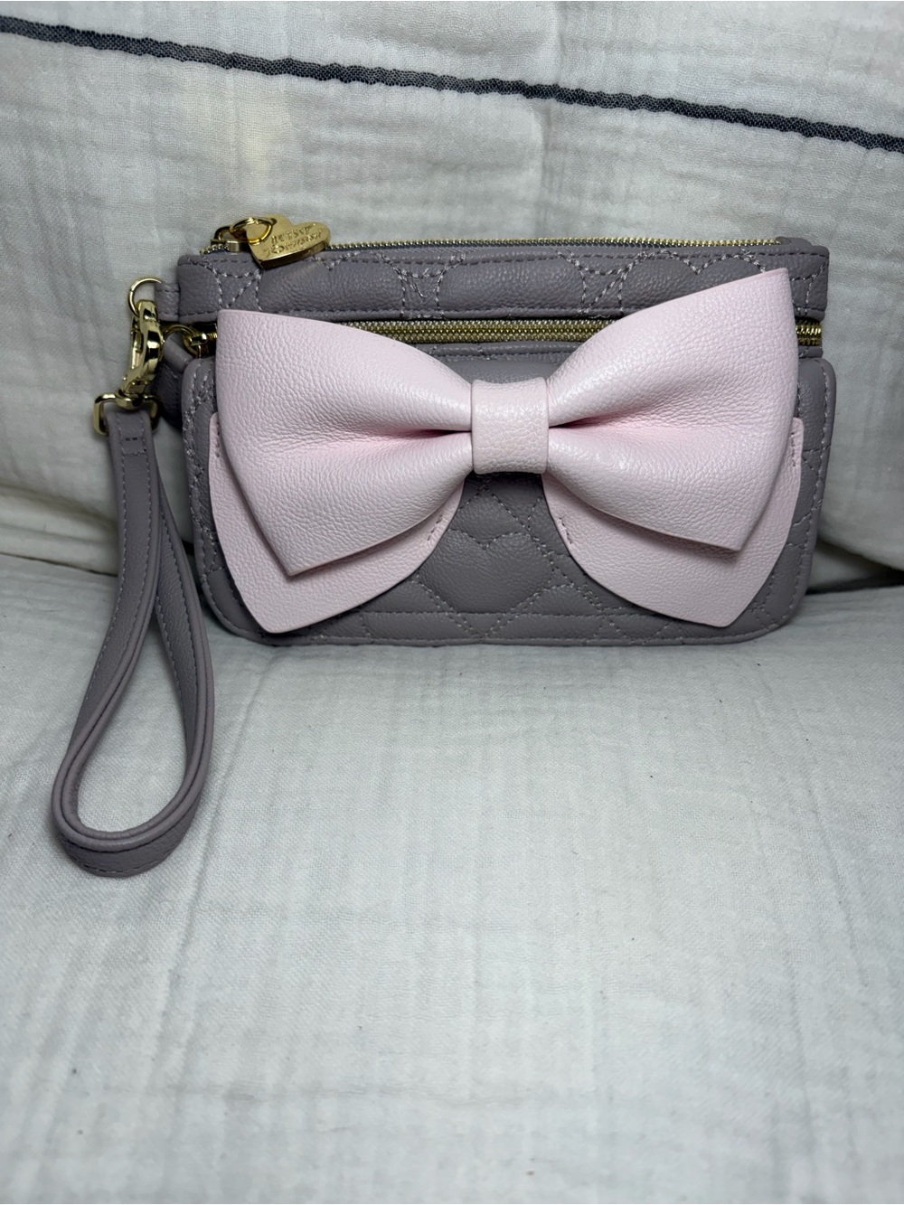 Betsey Johnson “Ready Set Bow” Wristlet Pink and Gray